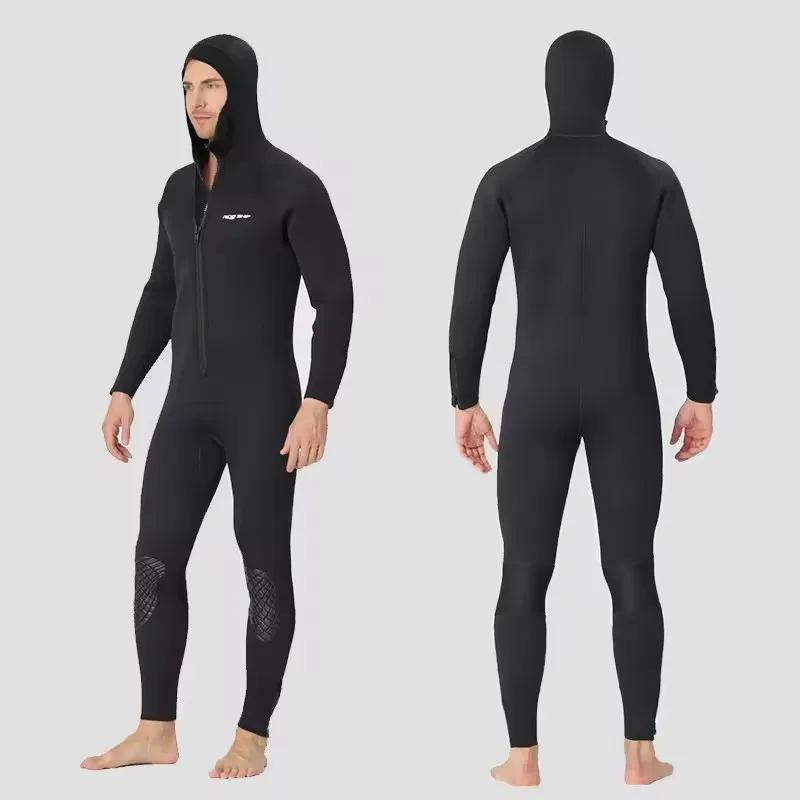 STLF 5 mm einteiliger Neoprenanzug mit Kapuze und Frontlogo, kältebeständig, warmer Reißverschluss zum Surfen, Tieftauchen und Schwimmen, Freitauchen