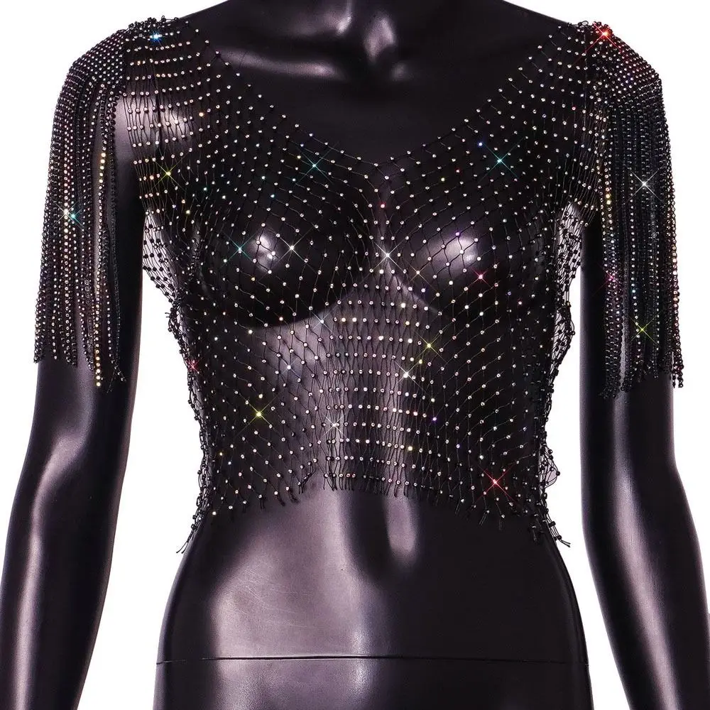 タッセルショール付きフィッシュネットグリッタートップ、ラインストーンセクシーアピール、ラインストーンフィッシュネットトップ、メッシュドリルメッシュ