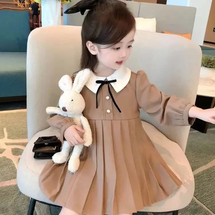 Baby Girls Khaki Pleated Dress Peter Pan Collar Casual Dresses 2024 New Arrival Children Spring Autumn Solid Dress Cute Clothes