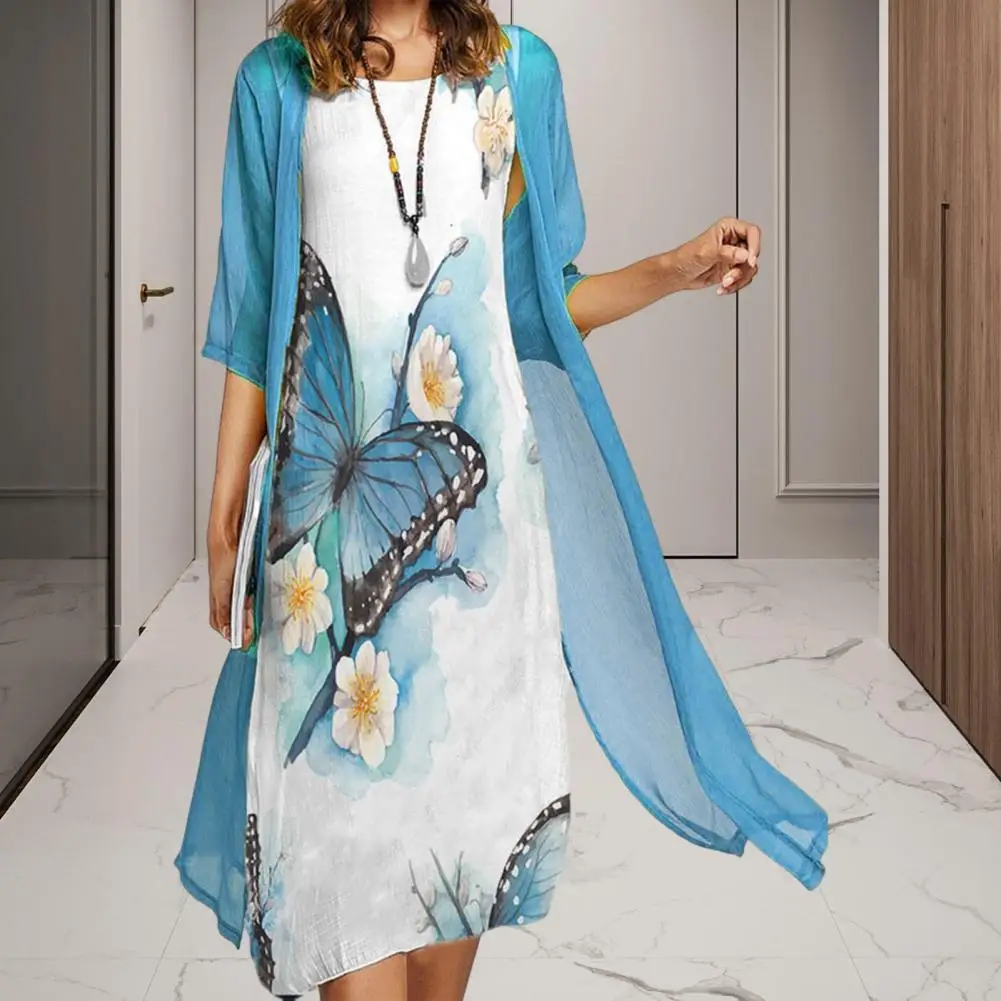 

Women Dress Two-piece Set Vintage Flower Ink Painting Kaftan Dress with Cardigan Casual Long Female Tunic dresses for women 2022