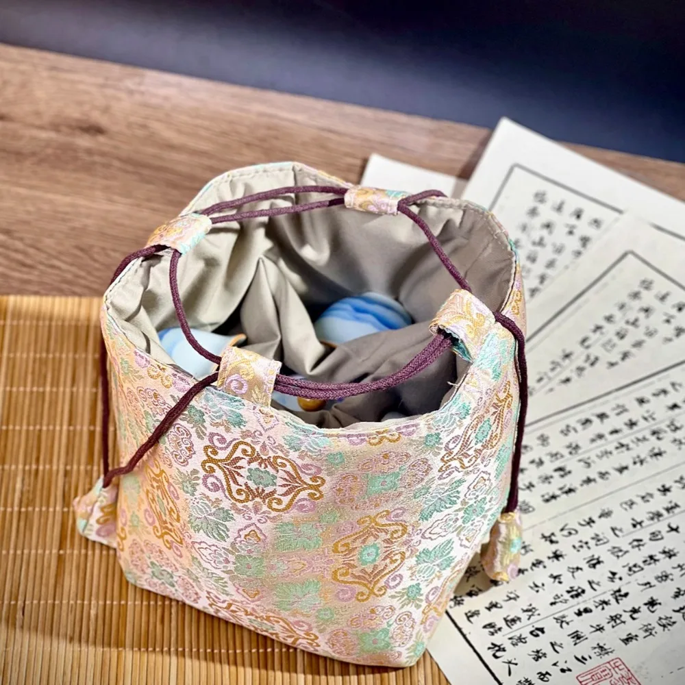 Chinese Style Tea Set Organizer Bag Embroidered Tea Ceremony Accessories Brocade Bag Multifunctional Breakage-proof