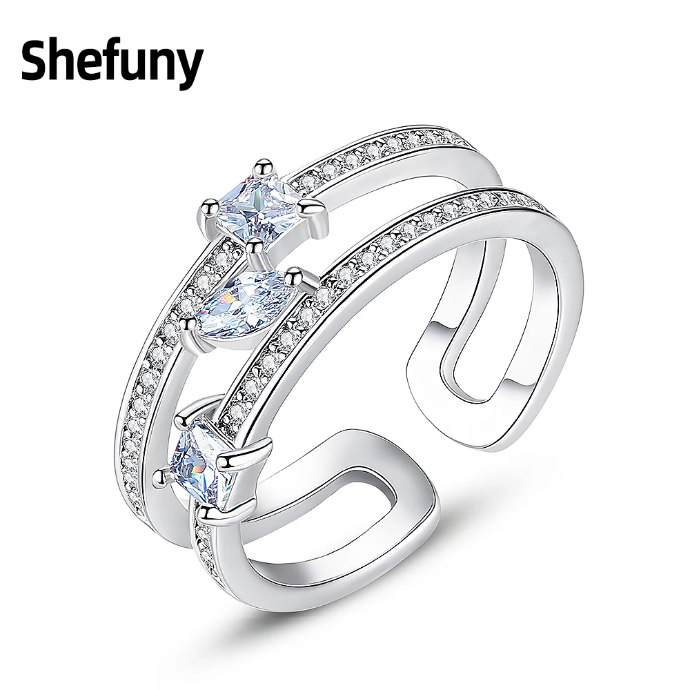 

925 Sterling Silver Geometric Double Layer Adjustable Finger Rings Square Cubic Zirconia Open Size Rings For Women Fine Jewelry