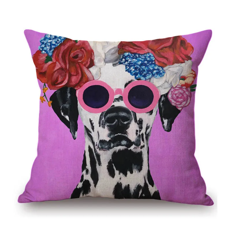 Lovely Cute Flower Head Puppy Dog Dalmation Fashion Animal Comics Painting Funny Kids Sofa Throw Pillow Case Linen Cushion Cover