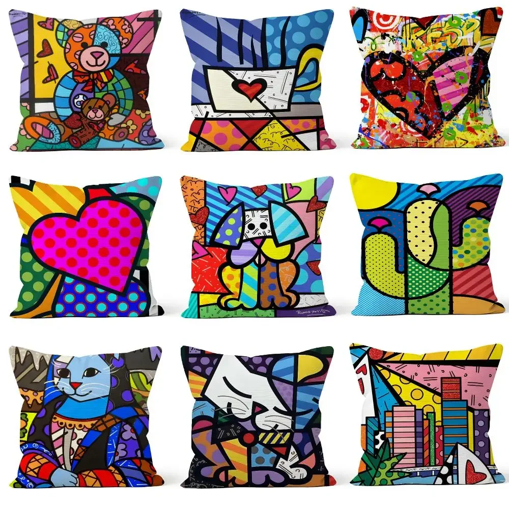Artist Romero Britto Happy Art Movement Cushion Cover Throw Pillow Soft Short Plush Cozy Durable For Sofa Bedroom Home Decor