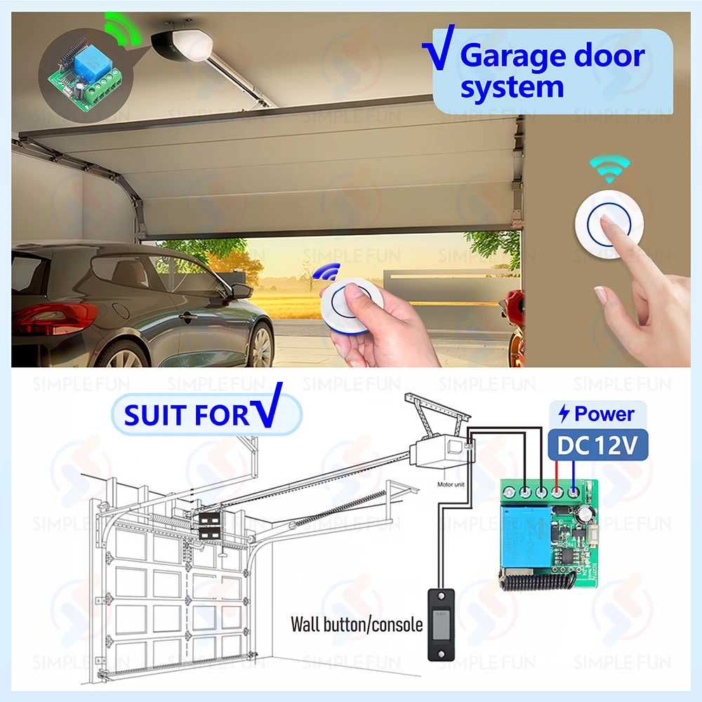 433Mhz Universal Wireless Remote Control Switch DC 12V 10A Relay,Mini Round RF Transmitter,for Light/Garage Door/Electronic Lock