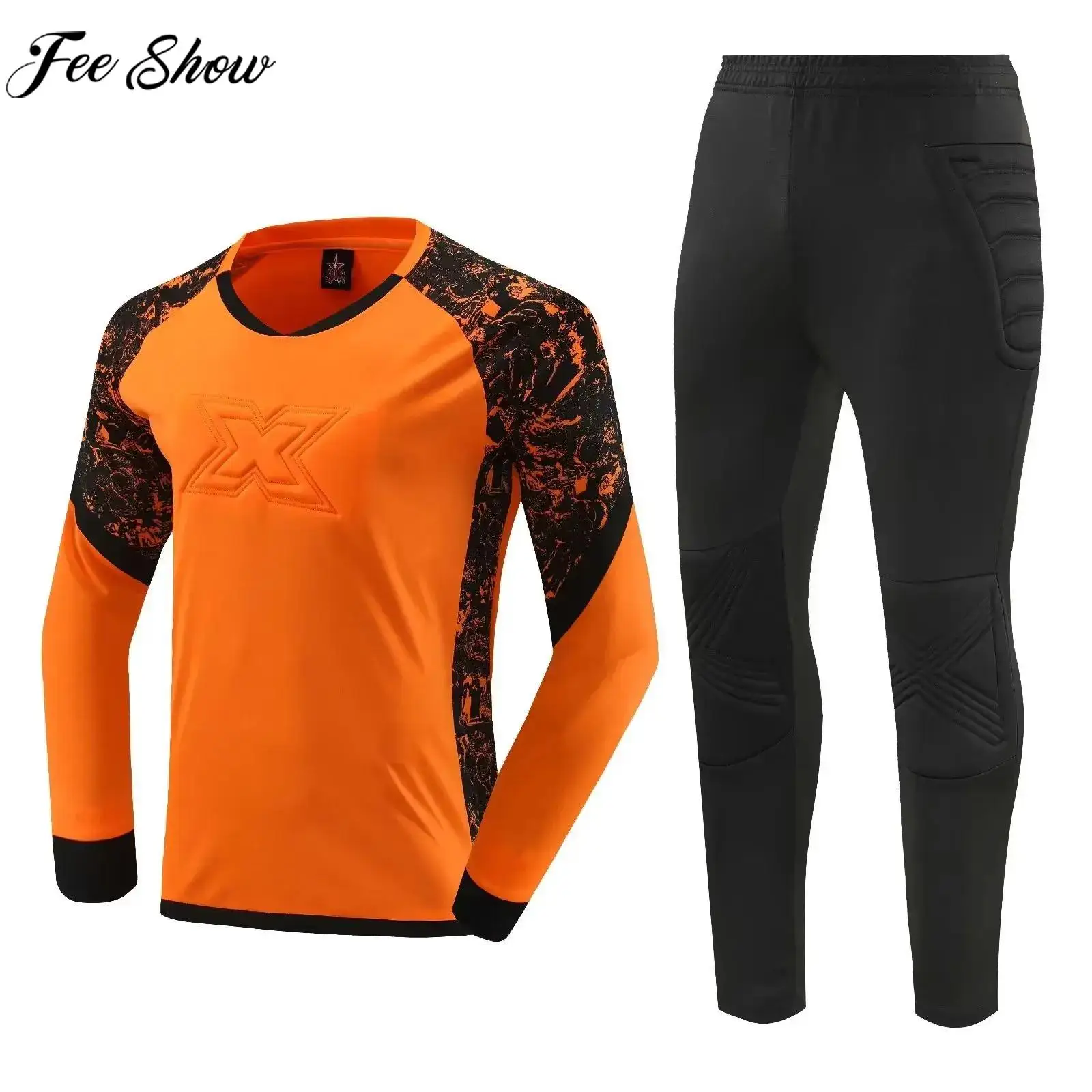 Teen Boys Goalkeeper Uniform Soccer Goalie Sport Suit Football Training Match Outfit Long Sleeve Protective Padded T-shirt Pants