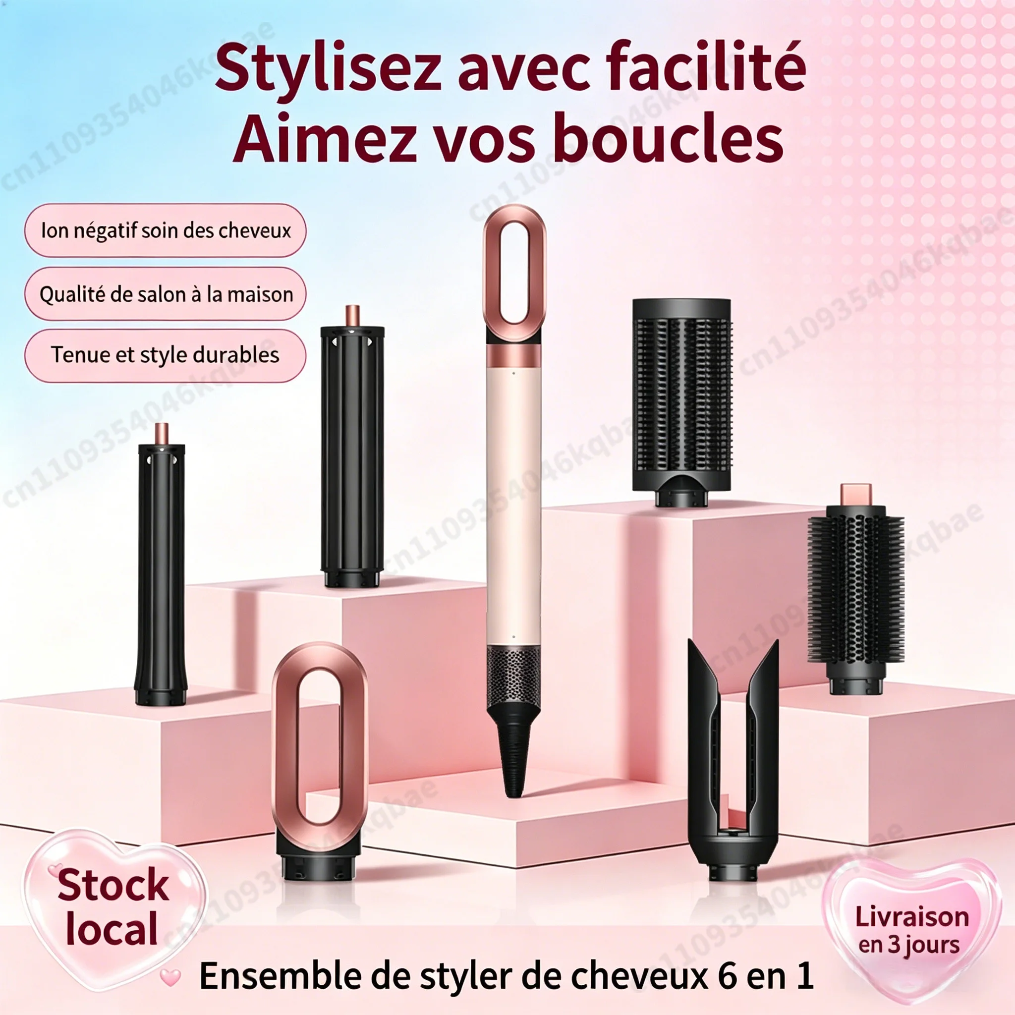 Styler capillaire 6 en 1, brosse à air ionique négative pour un bouclage automatique, sèche-cheveux, style salon, moins de frisottis, réduction des dommages causés par la chaleur