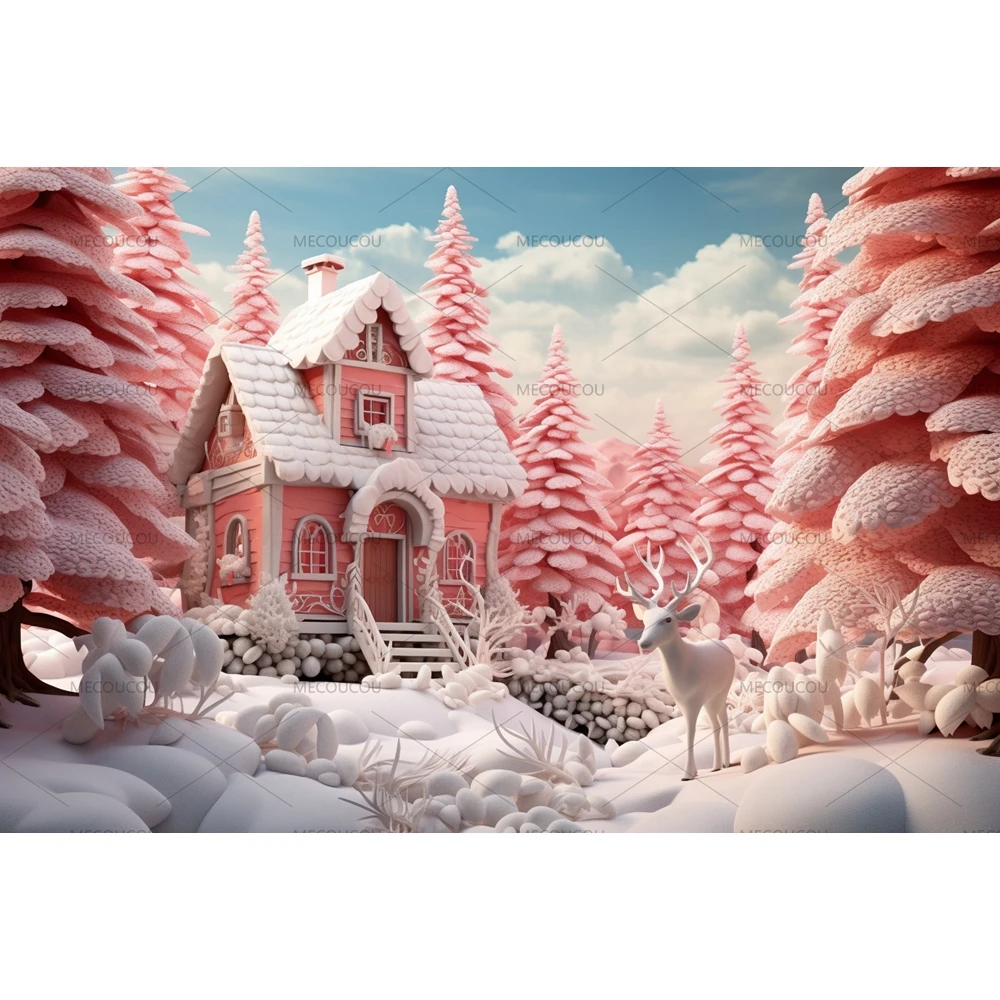 Christmas Pink House Scence Photography Backdrops Kids Adult Photocall Props Snowy House Door Background For Family Photo Studio