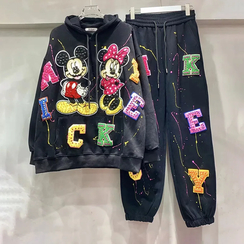 Trendy Brand Cartoon Diamond-encrusted Hoodie Sweatpants Two-piece Sets Womens Outfits Autumn Loose Leisure Sports Suit 2024