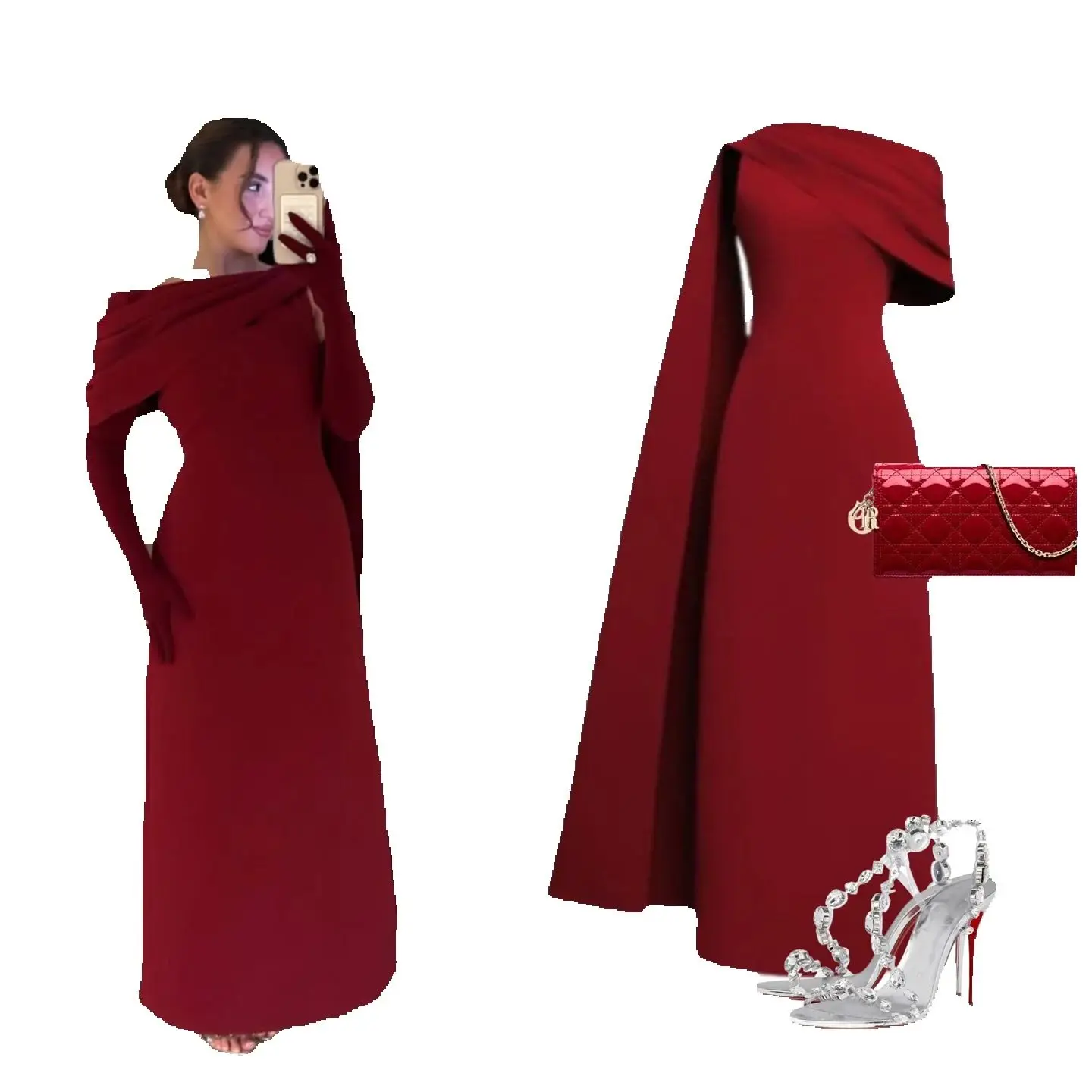

Red Prom Dresses Front Split Long Sleeves Floor Length customized Formal Evening Dresses Ankle-Length Arabia Party Gowns