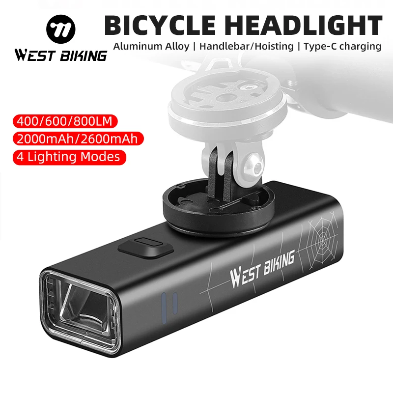 WEST BIKING Bike Headlight 400/600/800 Lumen Type-C Charging Road MTB Bicycle Front Lamp Aluminium Ultralight Cycling Flashlight