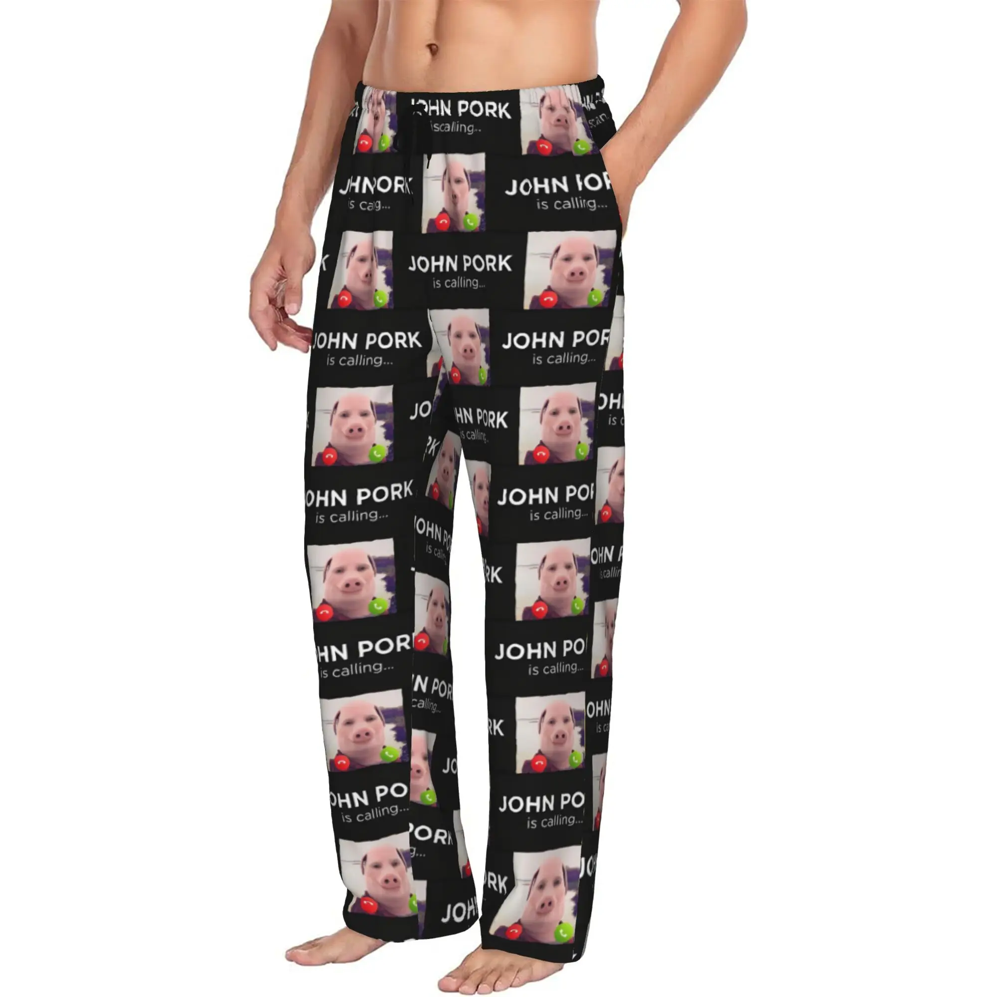 Custom Print Men John pork is calling Pajama Pants Funny Pig Sleepwear Sleep Lounge Bottoms with Pockets