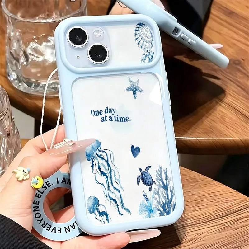 Watercolor Ocean Jellyfish Turtle Starfish Print Phone Case For iPhone 11-17Series, Large Clear Window Shockproof Soft TPU Cover