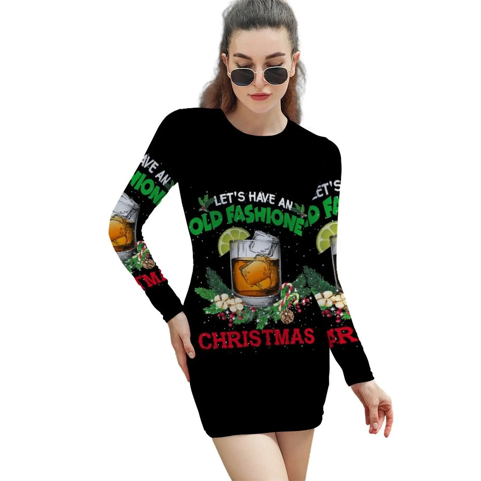 

Old Fashioned Christmas Funny Bourbon Whiskey Cocktail Wine Long-Sleeved Sheath Dress dress summer 2024 women