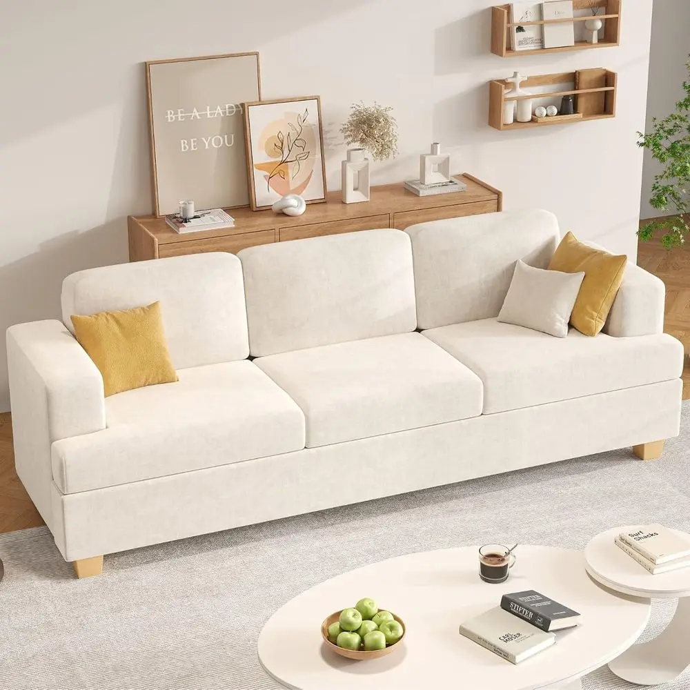 

3 Seater Chenille Sofa, Comfortable Living Room Couch with Removable Cushions, White