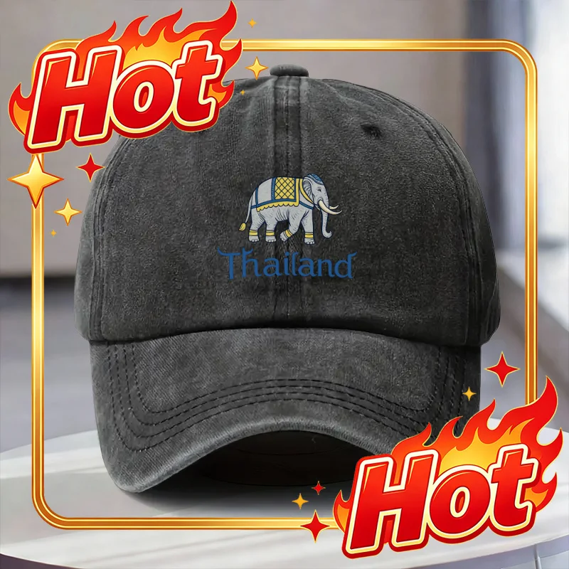 Custom Hats Thai-Style Washed Hat, Unisex Baseball Cap, Exquisite Traditional Thai Elephant Print Pattern, Unique Southeast Asia