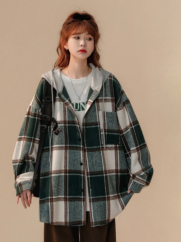

Thiened Flannel Plaid irt Hooded Jaet Youth Faion Winter Outerwear Button Design Casual Long Sve irt for Teens