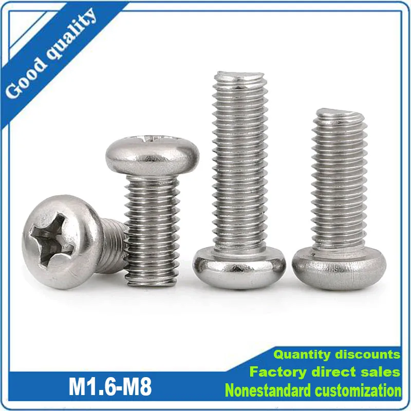 

M1.6 M2 M2.5 M3 M3.5 M4 M5 M6 M8 GB818-85 A2-70 304 Stainless Steel Cross Phillips Round Pan Head Screw Bolt