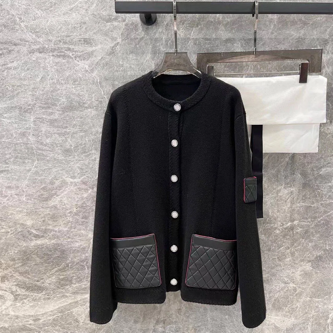 2024 New Fashion 95% Cashmere Black Loose Cardigans Women\'s Sweater O-neck Long Sleeve Argyle Leather Pockets Patchwork Sweaters