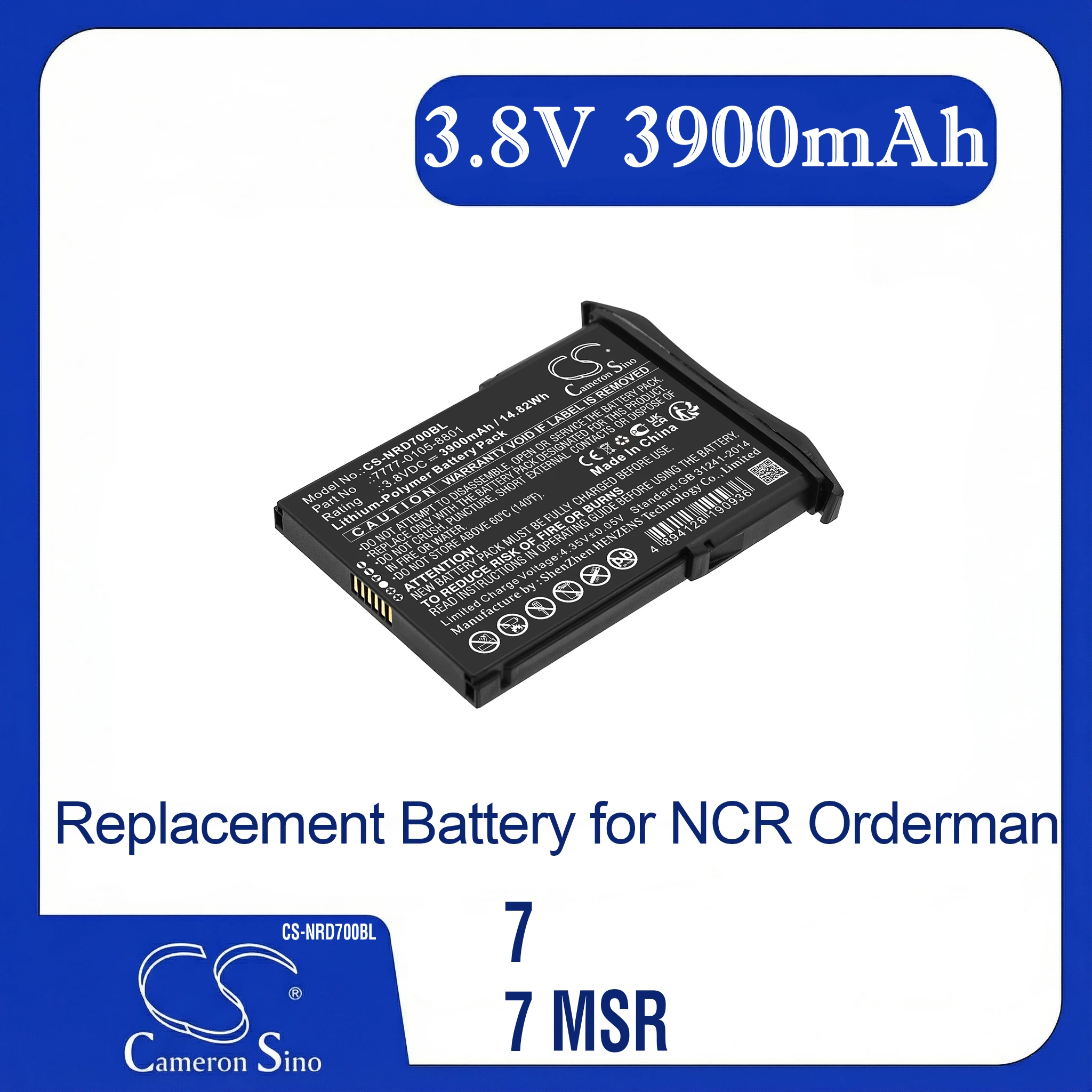 

Cameron Sino Replacement Battery for NCR Orderman 7, 7 MSR, 7777-01YY, Fits P/N 7777-0105-8801