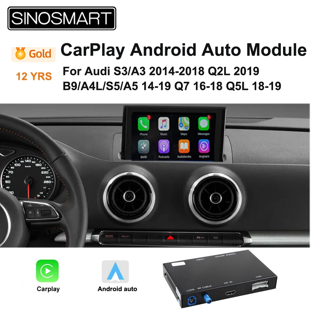 SINOSMART CarPlayAndroid Auto Original Radio Upgrade Module for Audi A3 S3 A4 A5 S5 B9 Q2 Q3 Q5 Q7 2014 to 2018 7” 8.3”