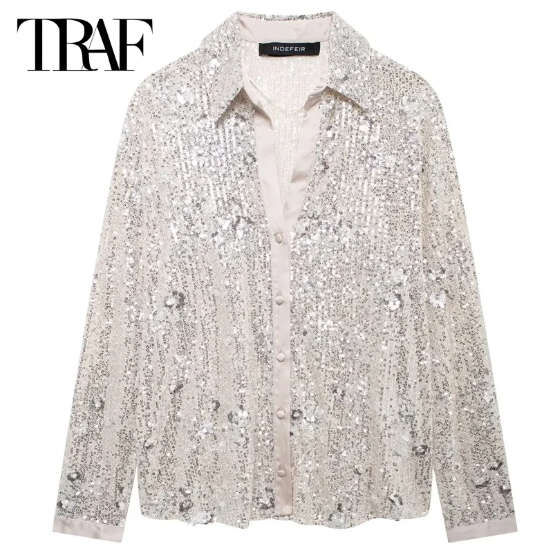 TRAF Sequined Long Sleeve Shirts Women 2024 Shirts & Blouses Autumn Women\'s Blouse Glitter Floral Loose Fit Blouse Casual Shirts