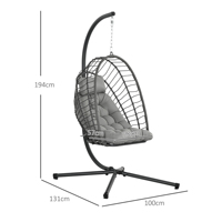 Rattan hanging chair 194 cm swing basket foldable suitable for indoor and outdoor patio garden maximum load 100 kg light grey
