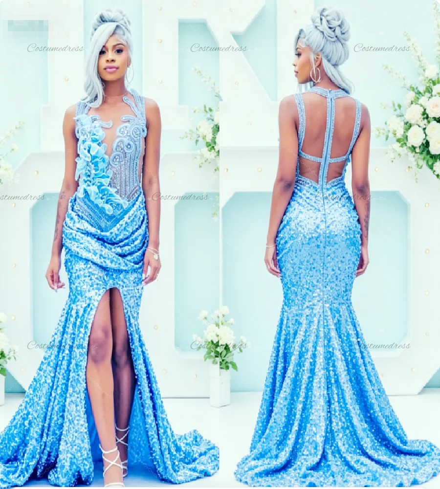 Shimmery Blue Sequin Prom Dress With Slit Aso Ebi Black Girls Beaded Diamond Evening Gowns See Through Back Formal Birthday