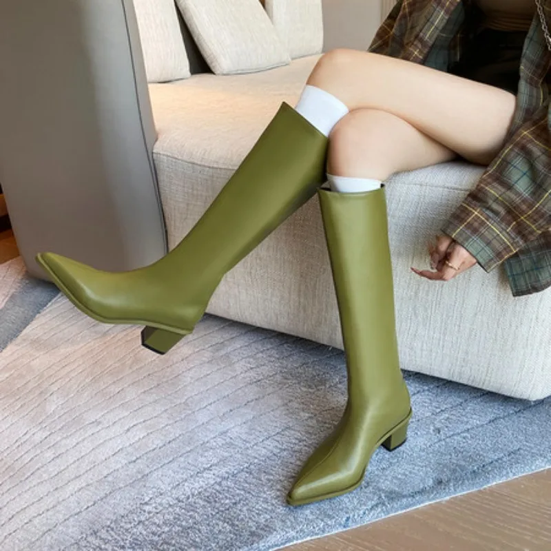 Fashion Ladies Knee-high Chelsea Boots Women Sexy Pointed Toe Square Heels Waterproof Slip-On Booties 2026