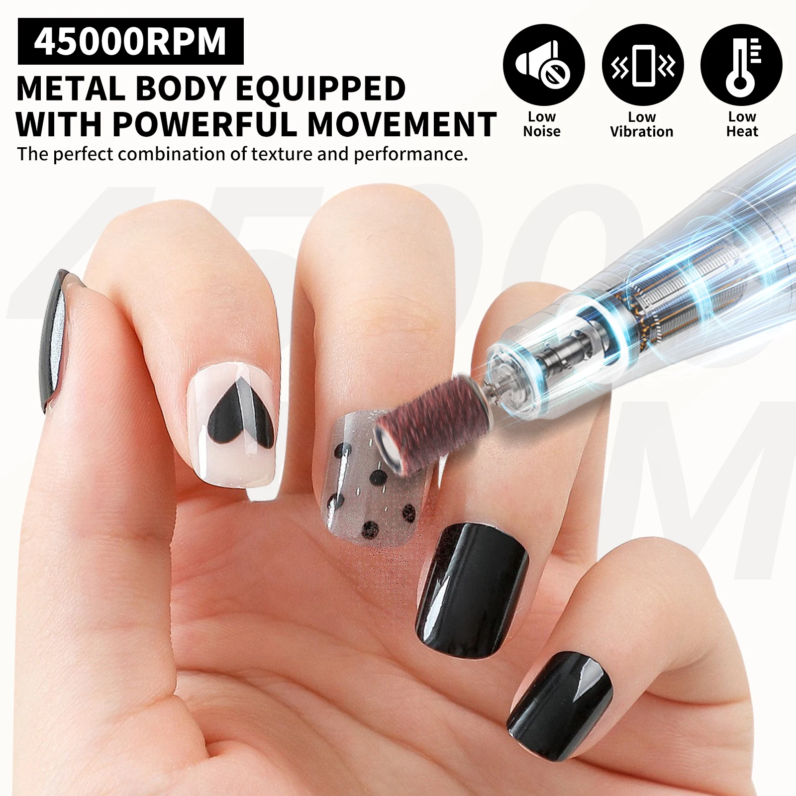 45000RPM Rechargeable Nail Drill Low Noise Nail Gel Polishing Machine Electric Nail File Professional Nail Grinder Equipment