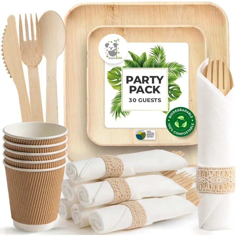 

Palm Leaf Bamboo Plates and PreRolled Bamboo Cutlery Party Set 10 and 7'' Compostable Plates Elegant PreRolled Utensils Napkins