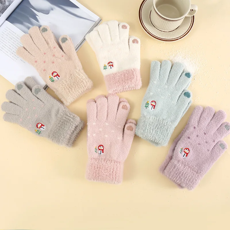 

Милые модные утолщенные плюшевые вязаные перчатки со снеговиком, мягкие и удобные перчатки с сенсорным экраном для езды на велосипеде и письма