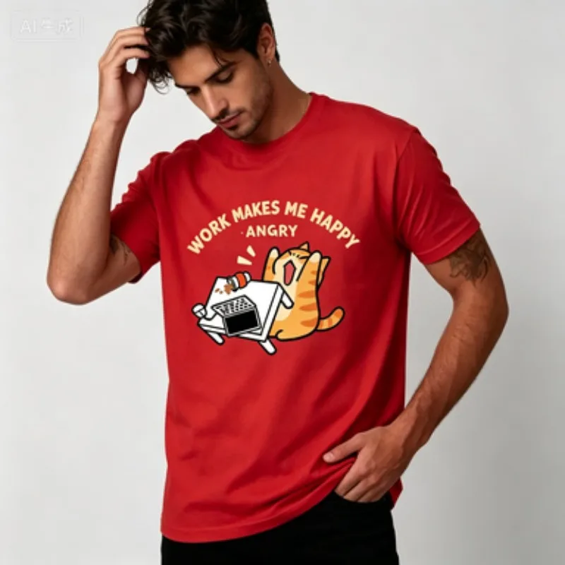 Men Crew Neck T‑Shirt Funny Angry Orange Cat Flip Desk Graphic Print Short Sleeve Cotton  Office Worker Humor Streetwear Tees