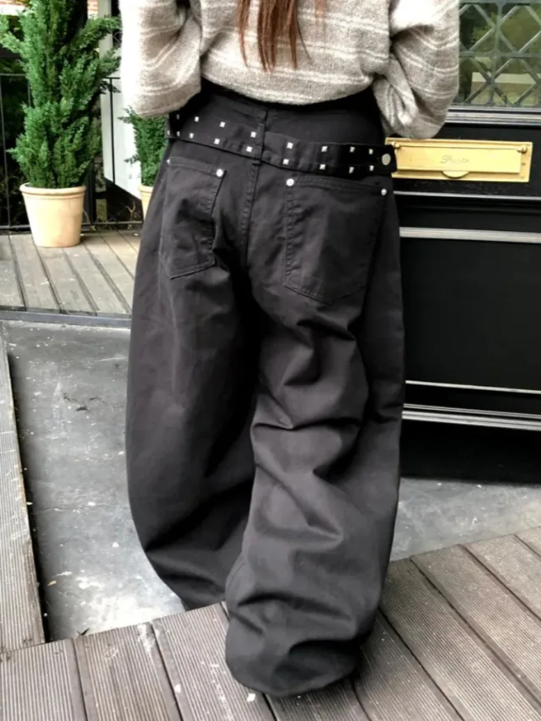 

High Waist Denim Jeans with Ba Decorative Rivets And Belt Design Retro Sle Women's Faion Spring Autumn Winter Pants