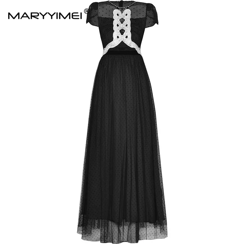 

MARYYIMEI Fashion Design Spring Summer Women's Short-Sleeved Crystal Diamond Mesh Embroidery High Street Black Dresses