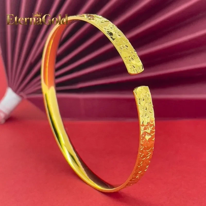 EternaGold 9999 genuine  24K  antique hammer diamond broken ice  bracelet  jewelry gift open bracelet