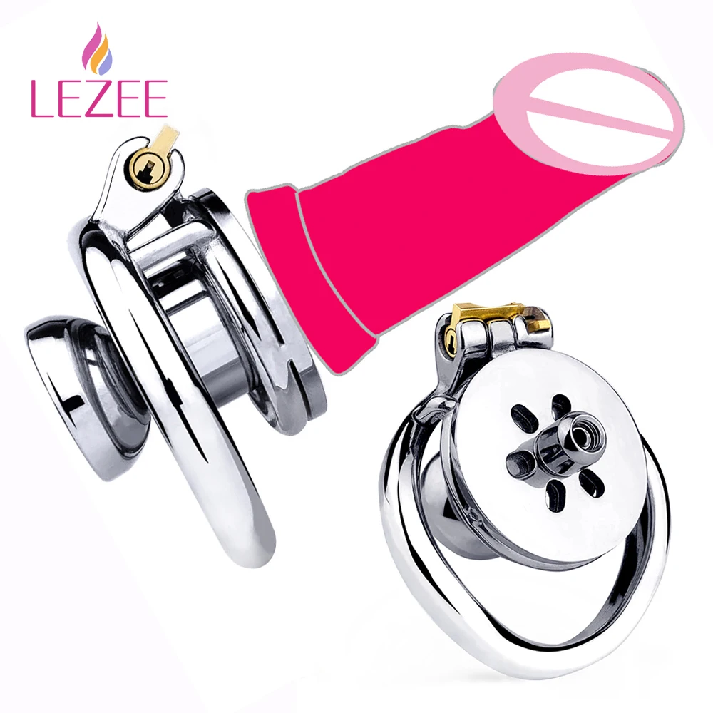 

LEZEE Negative Male Chastity Cage With Dildo Penis Ring Flat Locks Stainless Steel Cock Cages Adults Game BDSM Sex Toys For Men