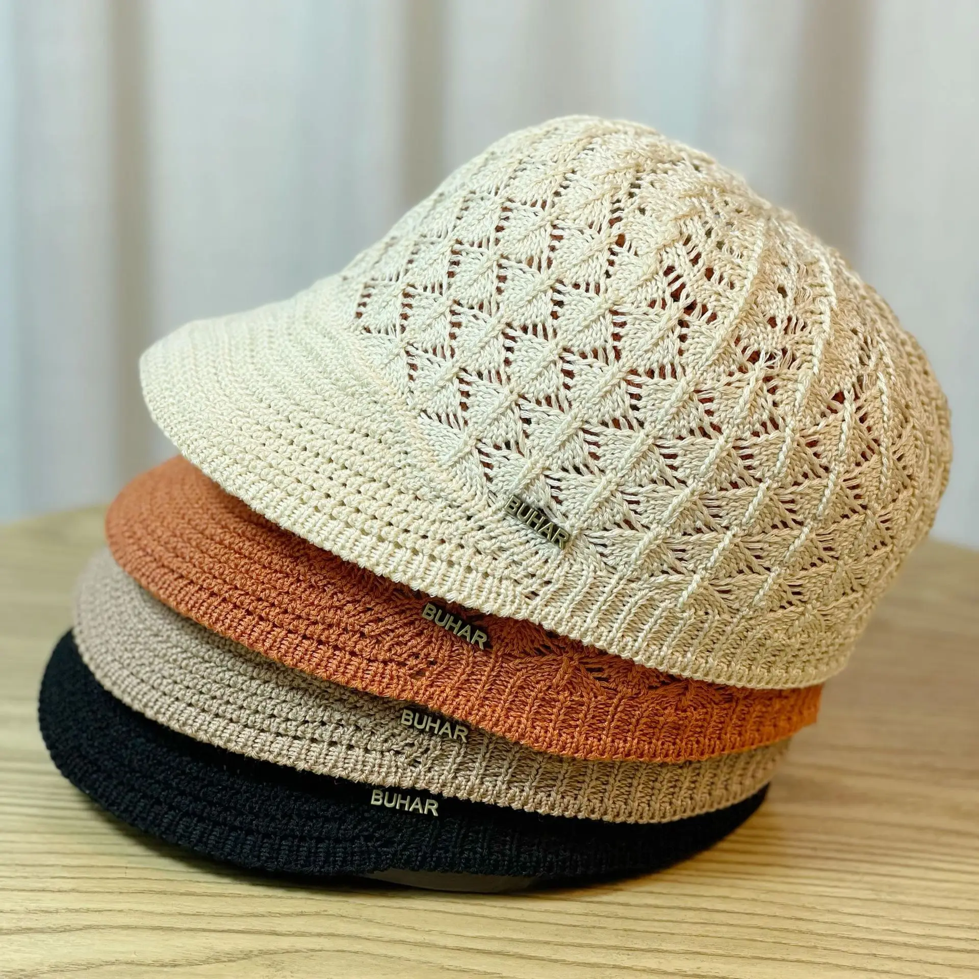 New Arrival Women Beret Spring Summer Cap Knit Breathable Hollow Out Hat Newsboy with Brim