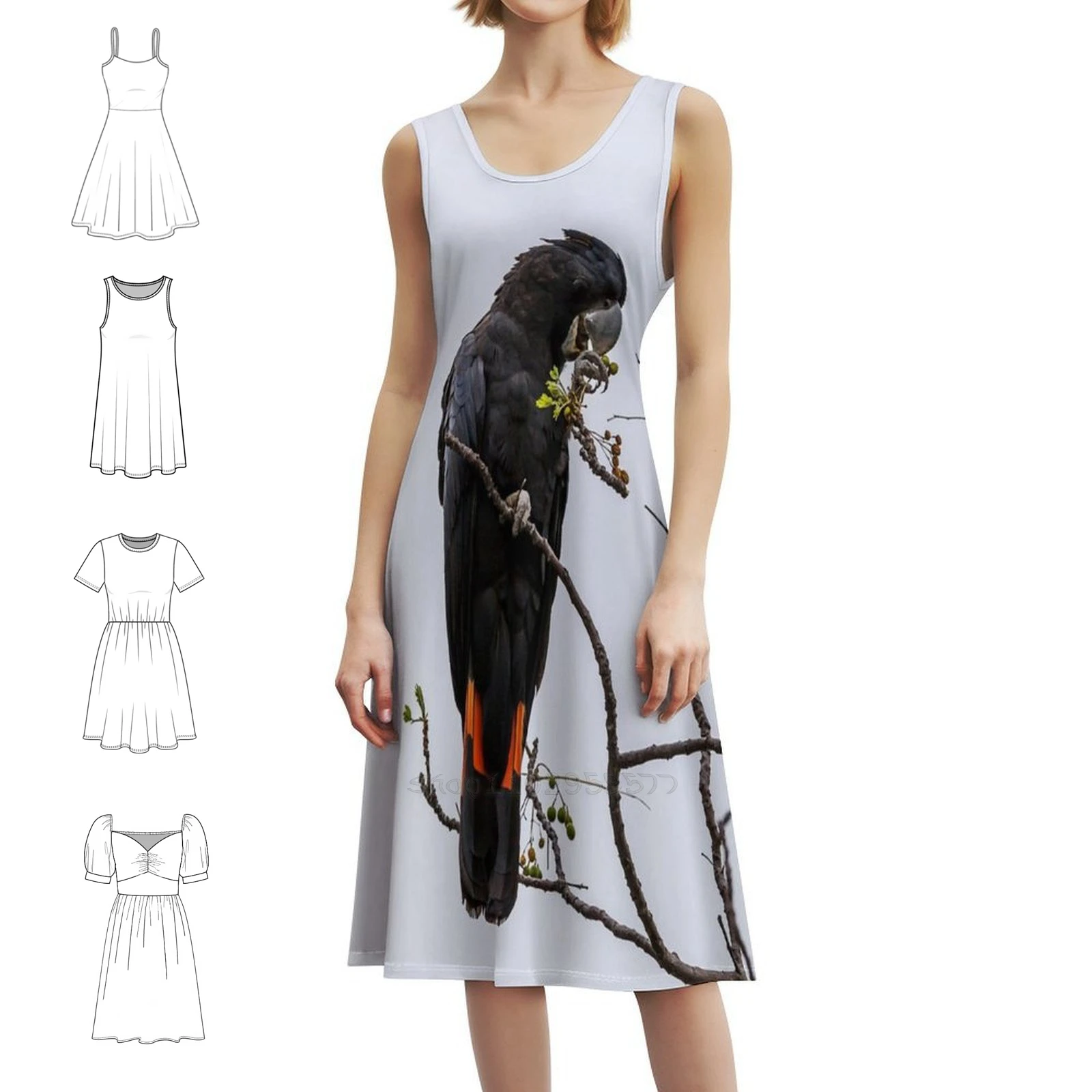 

Animal Collection-Black Cockatoo Red Tail Boho Chic Dress Elegant Fashion Beach Wedding Party Gown Coastal West Creative Birds