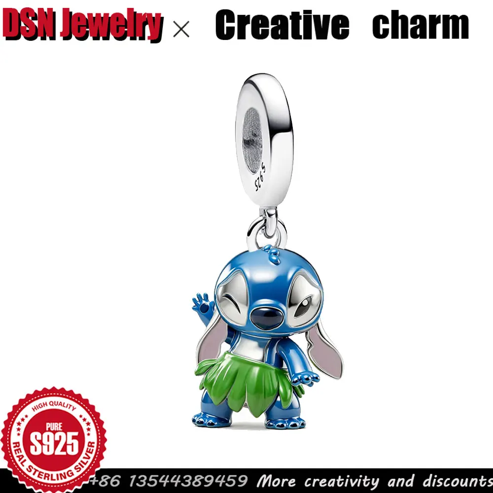 Disney 925 Silver Charm Hawaiian grass skirt dancing Stitch dangle charm for Bracelet pendant creative Charm Luxury Jewelry