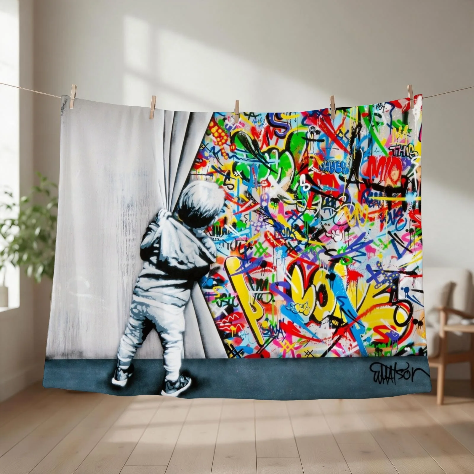 Behind The Curtain Boy - Colorful Graffiti Pop Art - Banksy Street Art Mural Throw Blanket