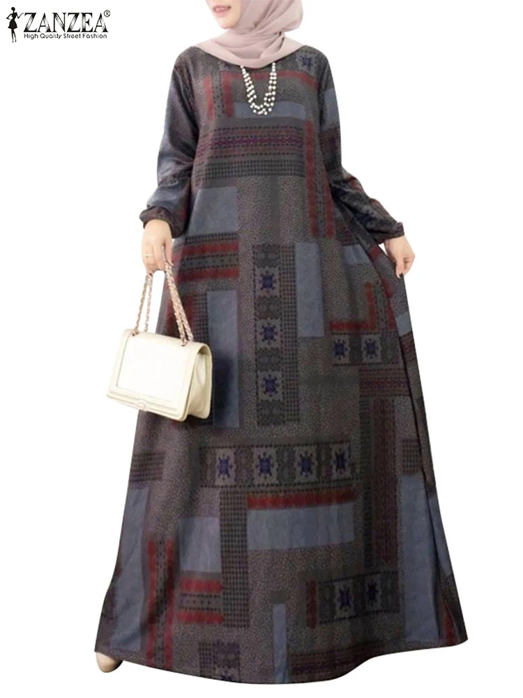 2025 ZANZEA Muslim Abaya Spring Women Vintage Long Sleeve Baggy Dresses Kaftan IsIamic Robe Bohemain Printed Maxi Long Sundress