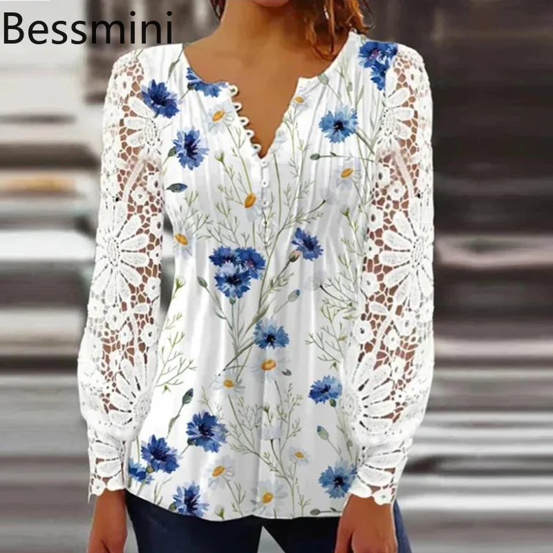 

2025 модная элегантная плиссированная рубашка с кружевными рукавами, женская весенне-осенняя пуловерная блузка с длинным рукавом и v-образным вырезом на пуговицах, повседневные офисные топы