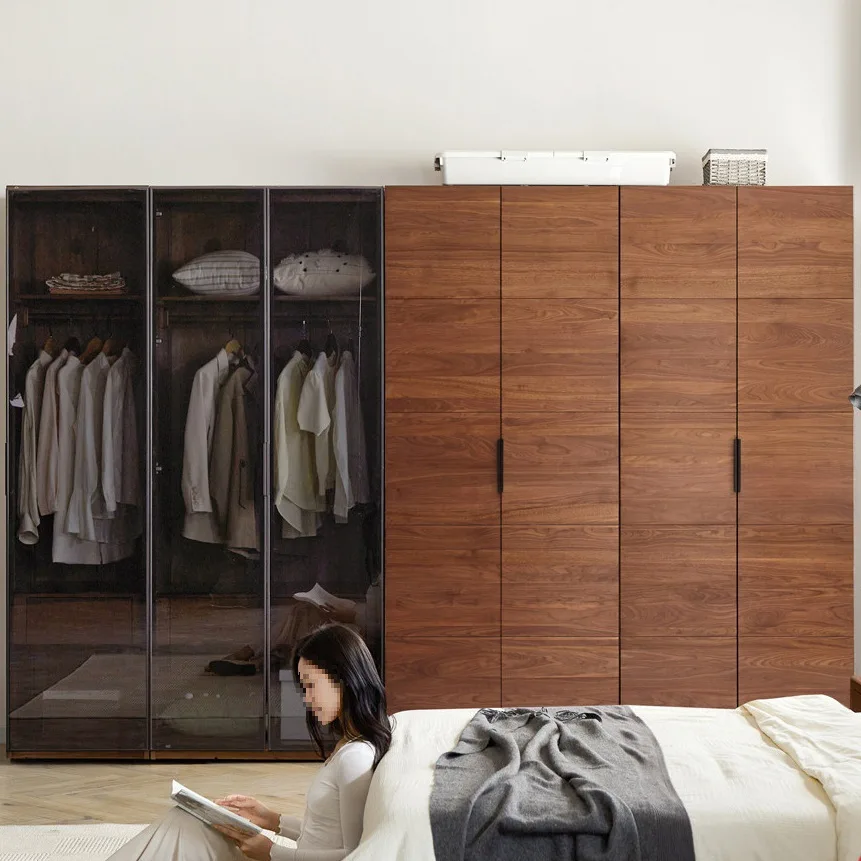 #Black Walnut Wardrobe Home Bedroom Modern Simple Solid Wood Wardrobe Multi-functional Glass Door Drawer Combination Cabinet