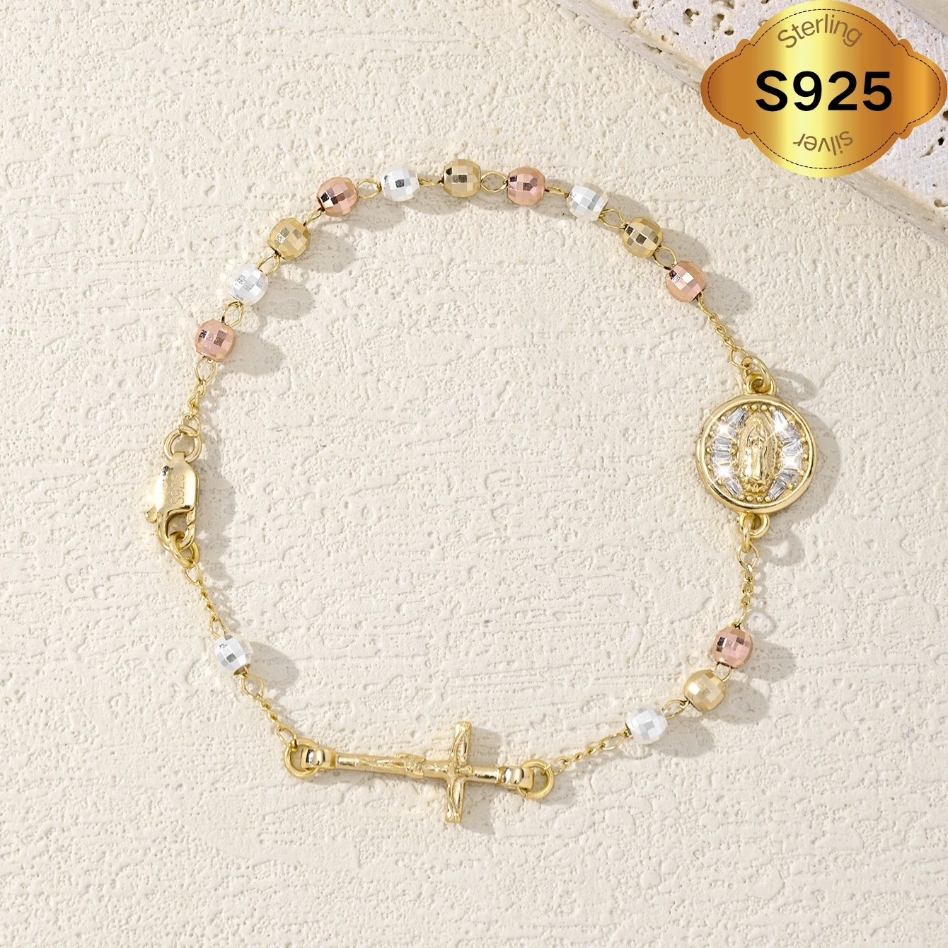 

925 Sterling Silver Vintage Catholic Rosary Virgin Mary and Jesus Cross Bracelet, Rose Gold Plated, Religious Symbol Theme