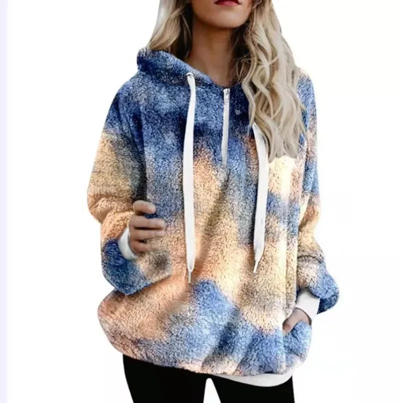 Women Print Half Zipper Hoodies Sweatshirt Autumn Winter Loose Casual Female Drawstring Hooded Pullovers Tops Y2k Sudadera Mujer