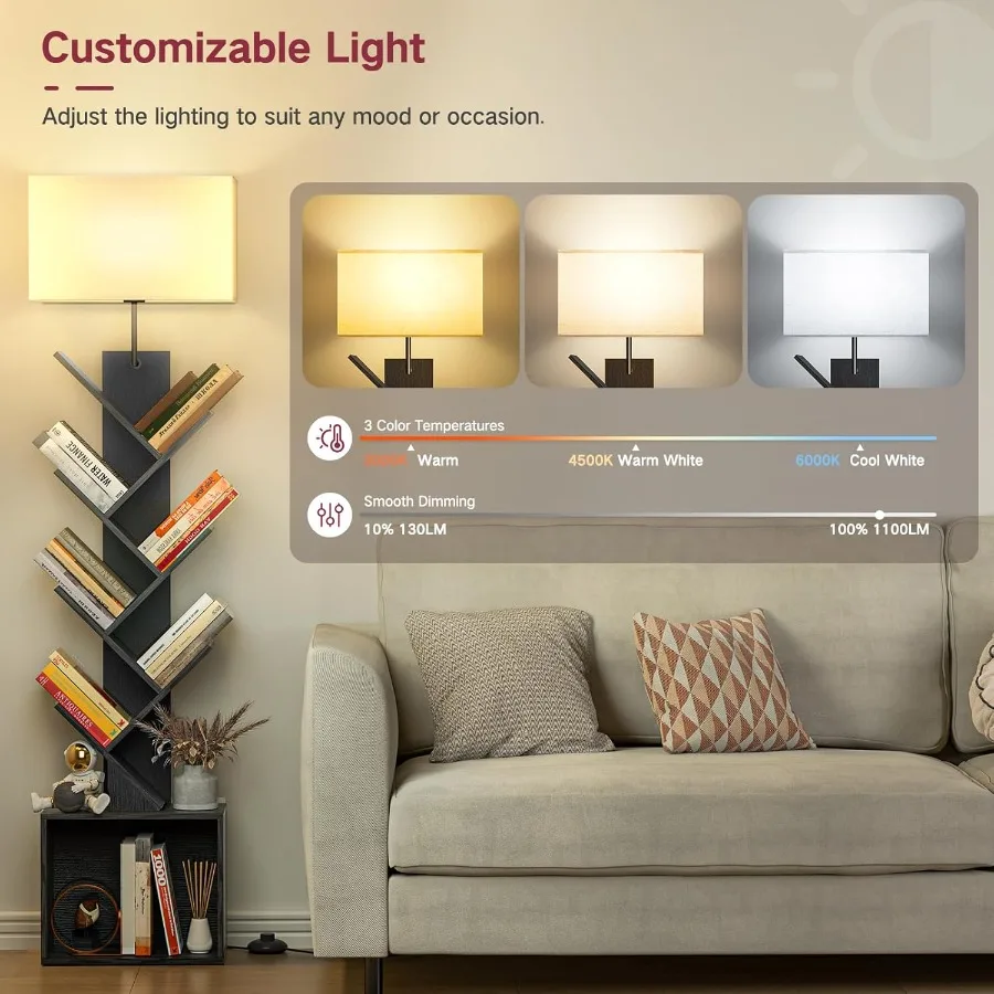 Libreria ad albero a 9 livelli con luce integrata, funzione timer telecomando e armadio portaoggetti nascosto, pavimento alto moderno dimmerabile