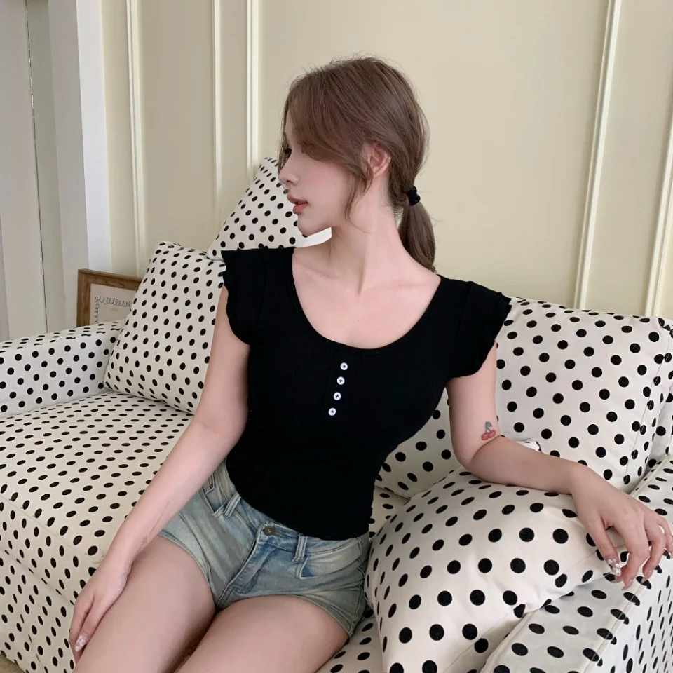 Summer New Style Pure Desire Button Splice U-Neck Short Sleeve Women's T-Shirt Slim Fit Integrated Chest Pad Top
