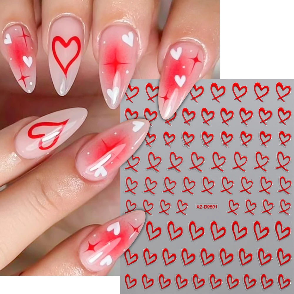 8Pcs 3D Black White Pink Red Love Heart Nail Decals Self Adhesive Slider Manicure Decorations Valentine's Day Nail Art Stickers