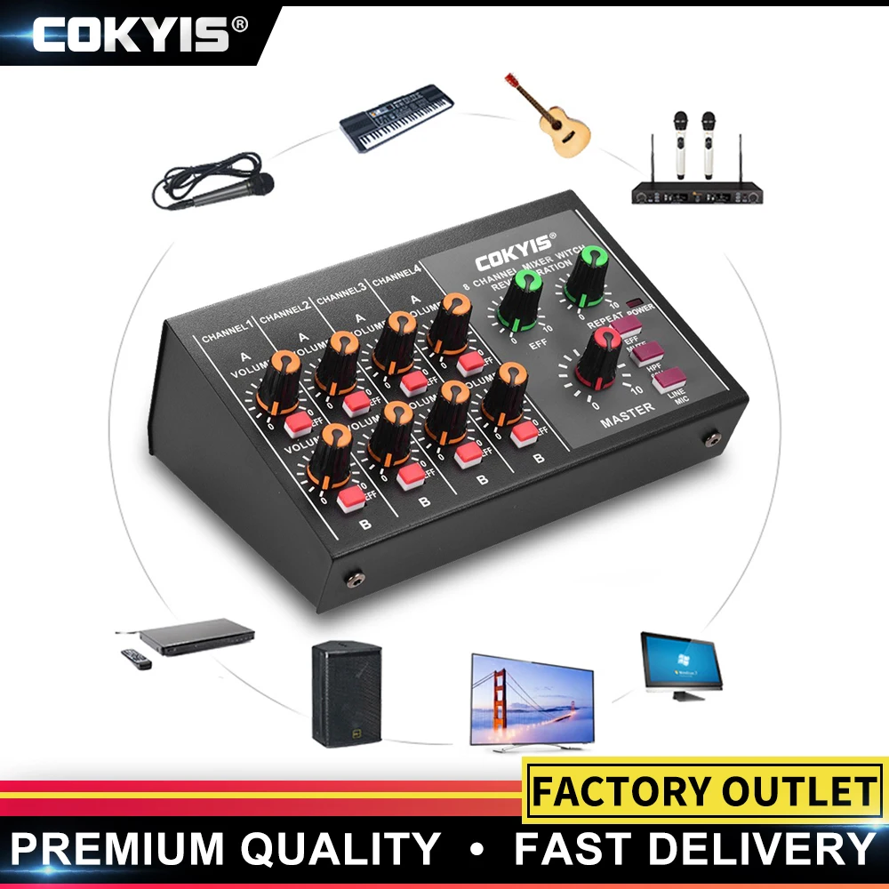 

8 Channel Mixer Compact Size Mono/Stereo Audio Sound Mixer 8-channel with Reverberation Function 60Hz Frequency Cutting AM-428A